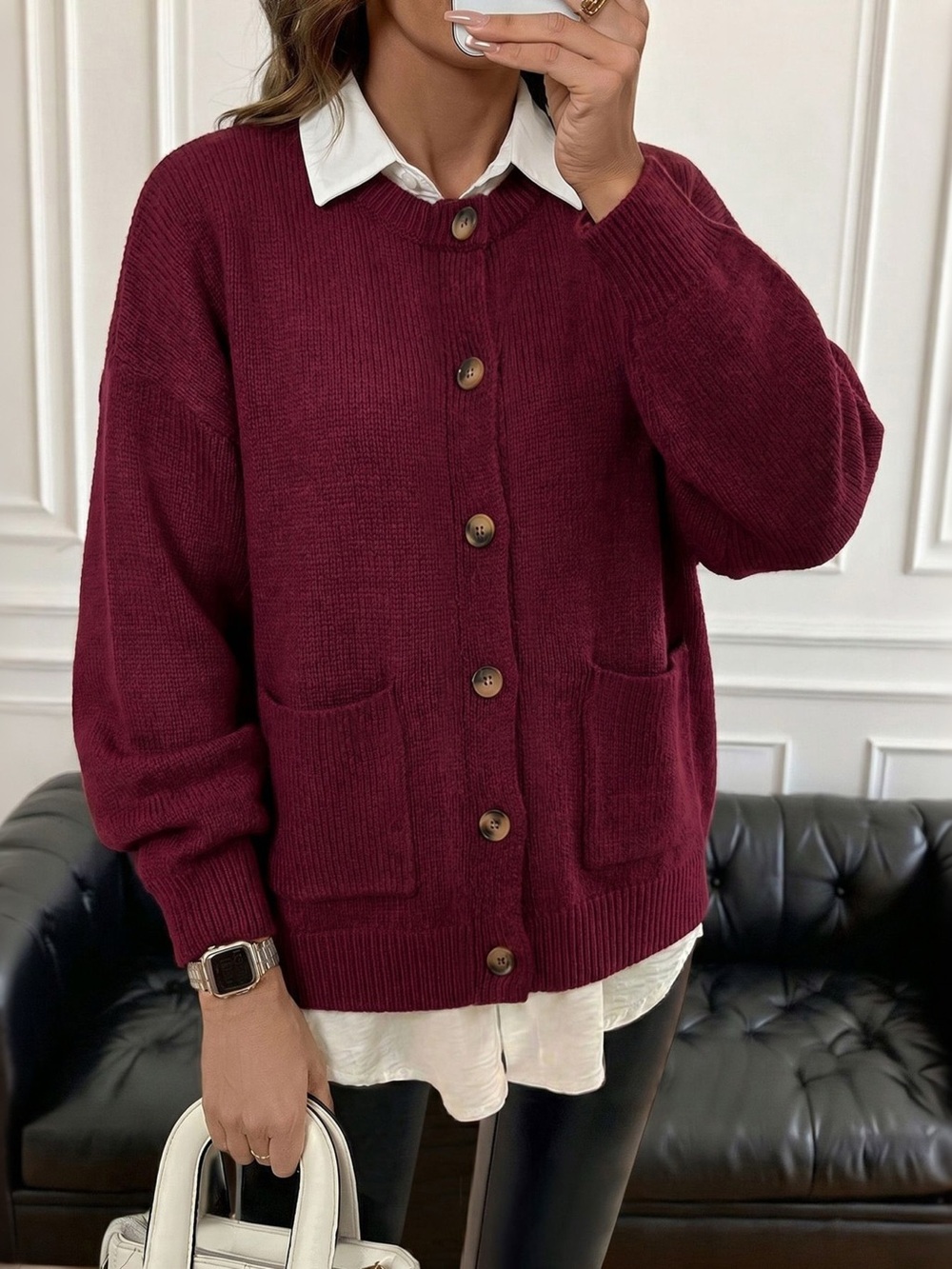 Button Up Dropped Shoulder Cardigan